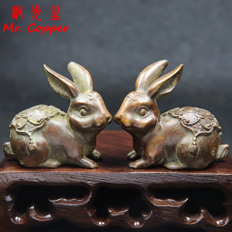 

1 Pair Antique Copper Blessing Longevity Rabbit Small Statue Desktop Lucky Ornament Home Feng Shui Decoration Crafts Accessories