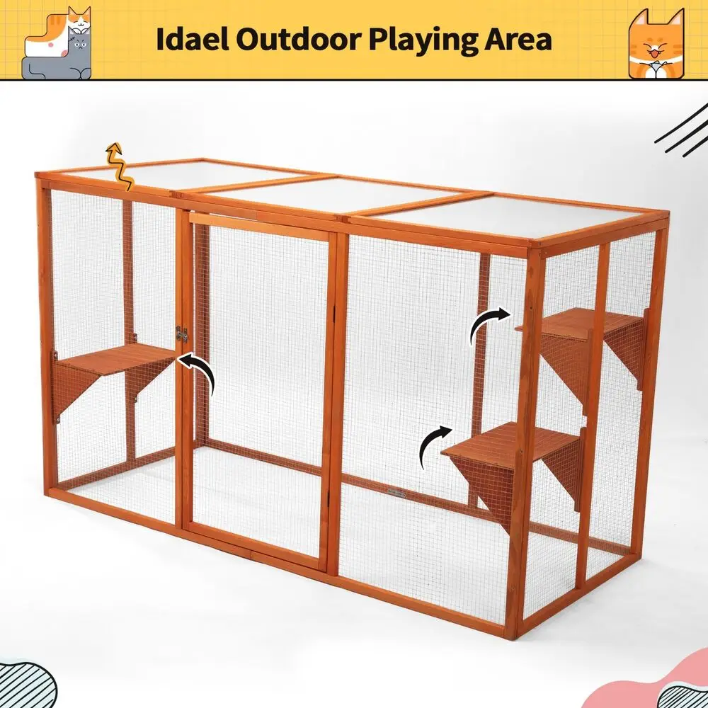 Cat Catio Outdoor Cat House Wood with Platforms Lockable Enter Door Orange