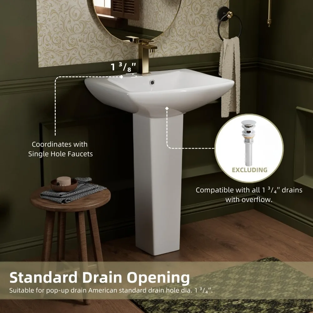 Modern ‎‎‎Rectangular Sytle Pedestal Sink for Tiny Bathrooms, L Pedestal Sink Combo with Overflow and 1 Pre-Drilled Faucet Hole 5