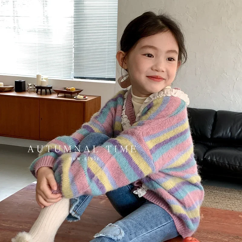 스타일리시 키즈 니트 스웨터 가디건 용수철, 가을 컬렉션, 2023 브이넥 탑 재킷, 트렌디 스몰 여성 스웨터