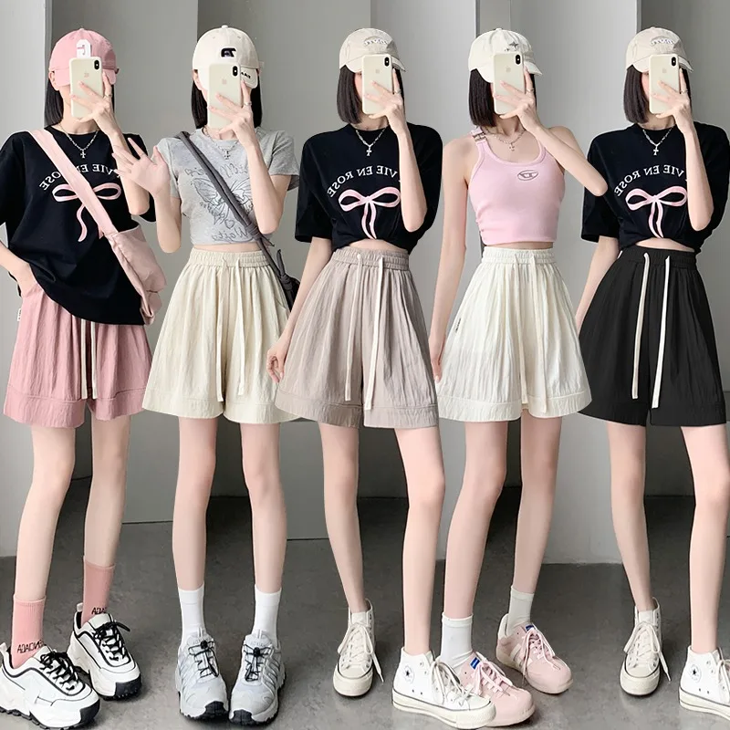2024 새로운 아이스 실크 와이드 레그 반바지 여성 여름 얇은 하이 웨이스트 루즈 피트 스트레이트 레그 주름 캐주얼 5 피스 바지