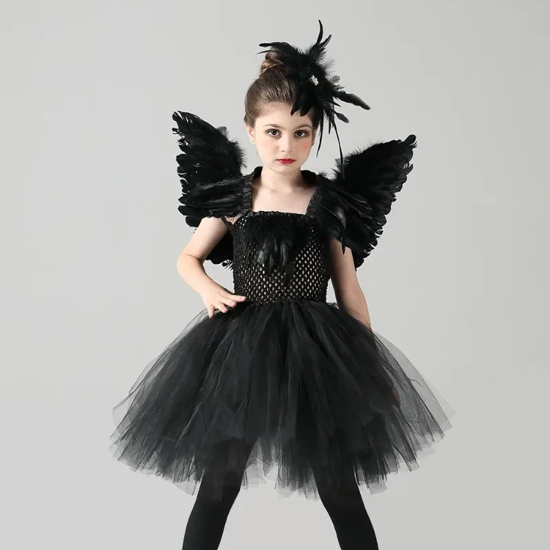 Halloween Black Swan Dress Girls Dance Outfit Kids School Stage Performance Role Play Costume