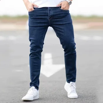 Pantaloni primaverili da uomo neri blu Jeans elasticizzati in puro colore Pantaloni slim fit casual da strada Jeans skinny da uomo lavati vintage da uomo 1