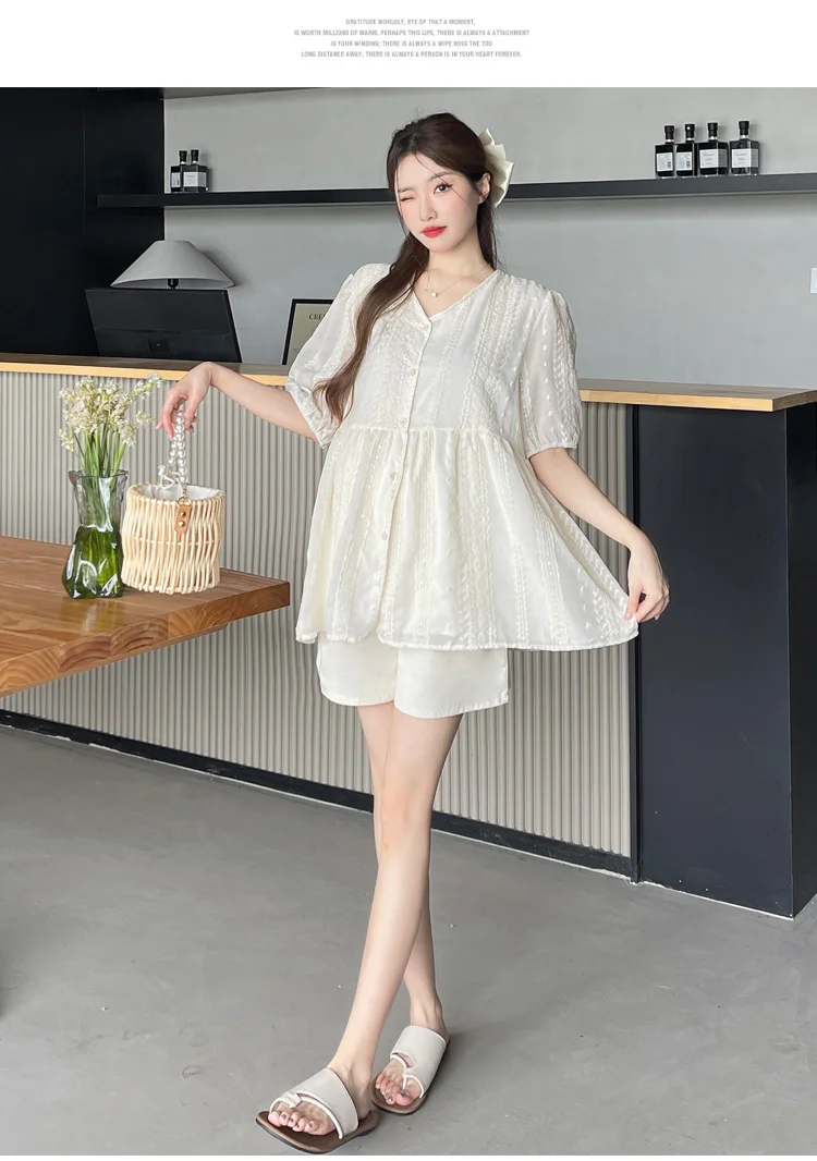 Summer Maternity Clothes Sweet Puff Sleeve V-neck Lace Embroidery Shirts Belly Shorts Twinset Fashion Pregnant Woman Short Sets