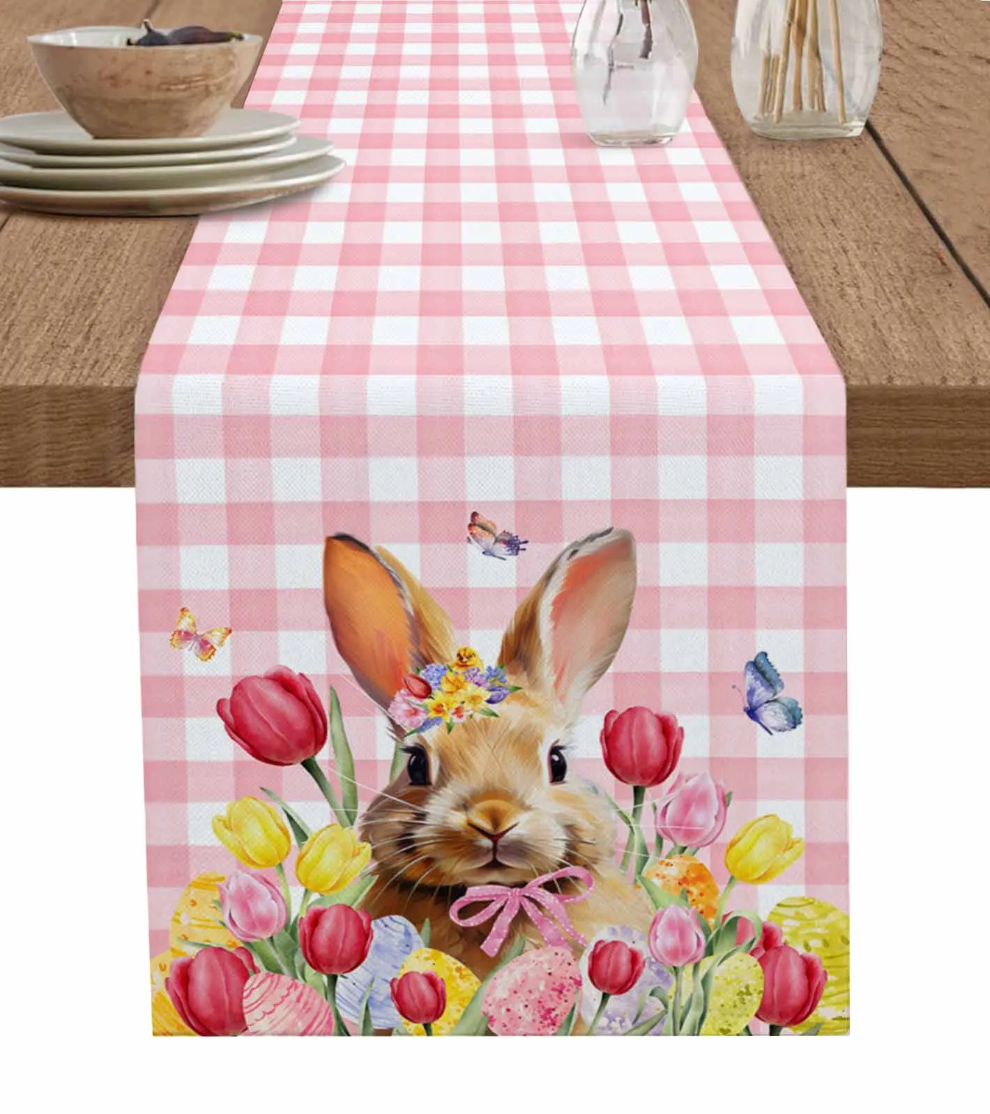 

Easter Bunny Tulip Butterfly Plaid Table Runner Cotton Linen Wedding Decor Tablecloth Festival Kitchen Decor Table Runner