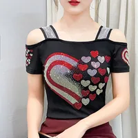 High Quality Women Short Sleeve Mesh Tees Clothes Luxury Love Heart Shiny Diamonds Summer T-Shirt Female Streetwear Fashion Tops - Image 5