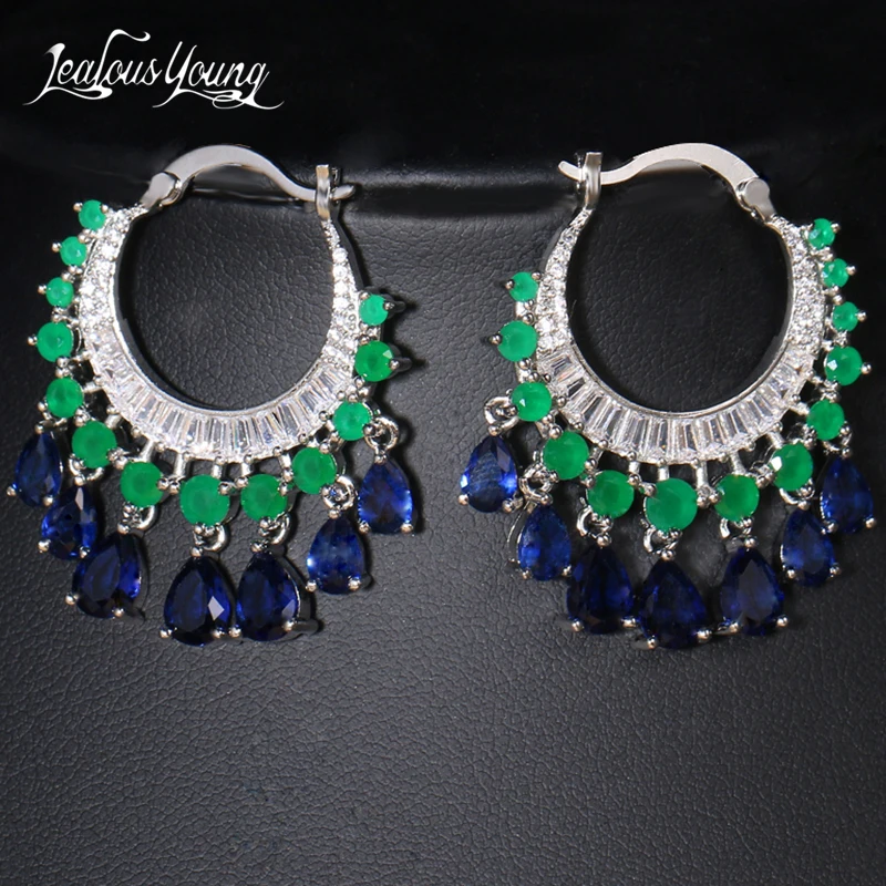 Elegant Multicolor Blue CZ Crystal Dangle Water Drop Tassel Hoop Earrings Fashion Bridal Wedding Boho Jewelry | Украшения и