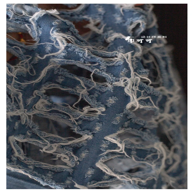 Blue and White Ripped Creative Denim Fabric Broken and Reconstructed Hollow Fabric See-through Jacquard Tassel