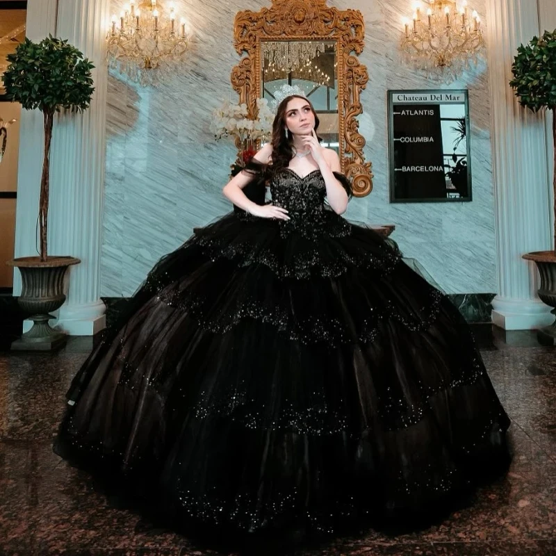 

Glitter Black Quinceanera Dress Off The Shoulder Lace Beads Tull Lace Cut-Out Sequin For 16 Girls Ball Formal Gowns vestidos de