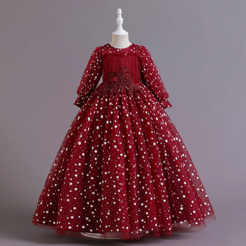 

Kids Exquisite Princess Evening Dress Polka Dot Floor-Length Flower Girl Dresses Lantern Sleeve Appliques Beading Bow Ball Gown