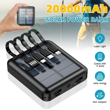 20000mAh Solar Power Bank Dual USB 4 Cables Portable Large Capacity Charger Super Fast Charging USB TypeC Outdoor Power Bank 2