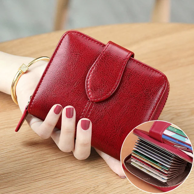 Cartera de cuero auténtico con cera aceite para mujer, tarjetero monedero para mujer, monedero rojo 2022, cartera mujer tarjetas y monedero carteras monederos de mujer billetera wallet|Carteras| -