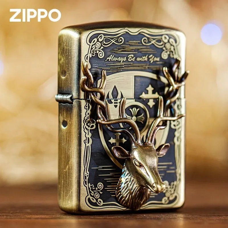 Accendino Zippo Vintage Golden Brass Deer Emblem Collezione Antivento In Scatola