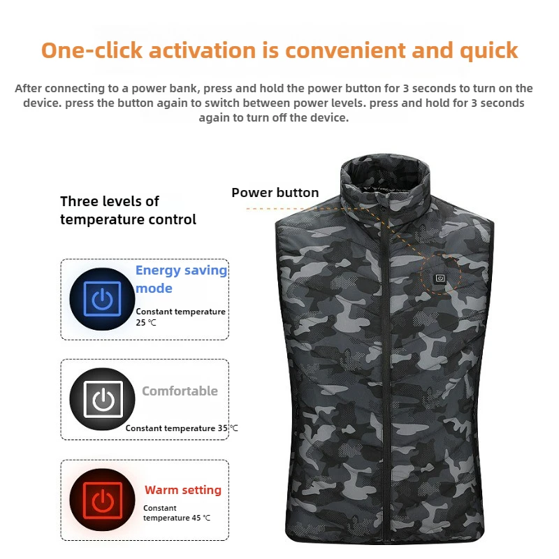 9 Areas Intelligent Warm Heated Vest Men Outdoor Casual USB Control Constant Temperature Heating Camo Jacket Lightweight Coat
