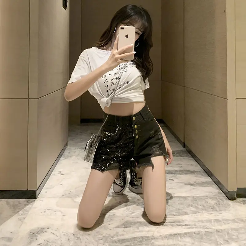 Short Pants for Women To Wear Wide Jeans with Rhinestones Ripped Sexy Womens Shorts Denim Casual Normal Classic Streetwear XL