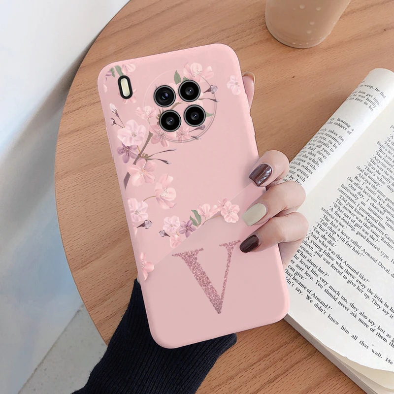 Elegant Retro Pink Flower Silicone Case - Soft TPU Back Cover with Initial Letter Design for Huawei Nova 8i / Honor 50 Lite