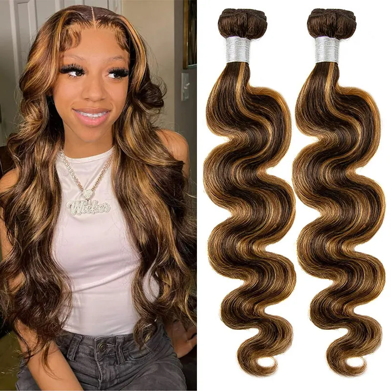 Blonde Highlight Body Wave Human Hair Bundles 30 inch Ombre Brown Blonde Colored 100g/pc Wavy Weaving