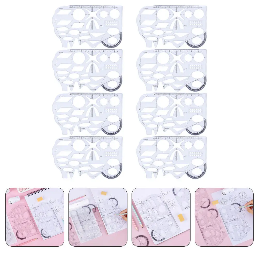 8Pcs 프리미엄 투명 기하학적 자 세트 수학 기능 그래프 그리기 템플릿 학교 문구 용품 제도 도구