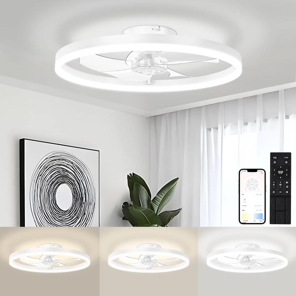 Lampadario Con Ventilatore Da Soffitto Moderno A LED – Telecomando, Luci Dimmerabili E 6 Velocità – Bianco 65 Cm