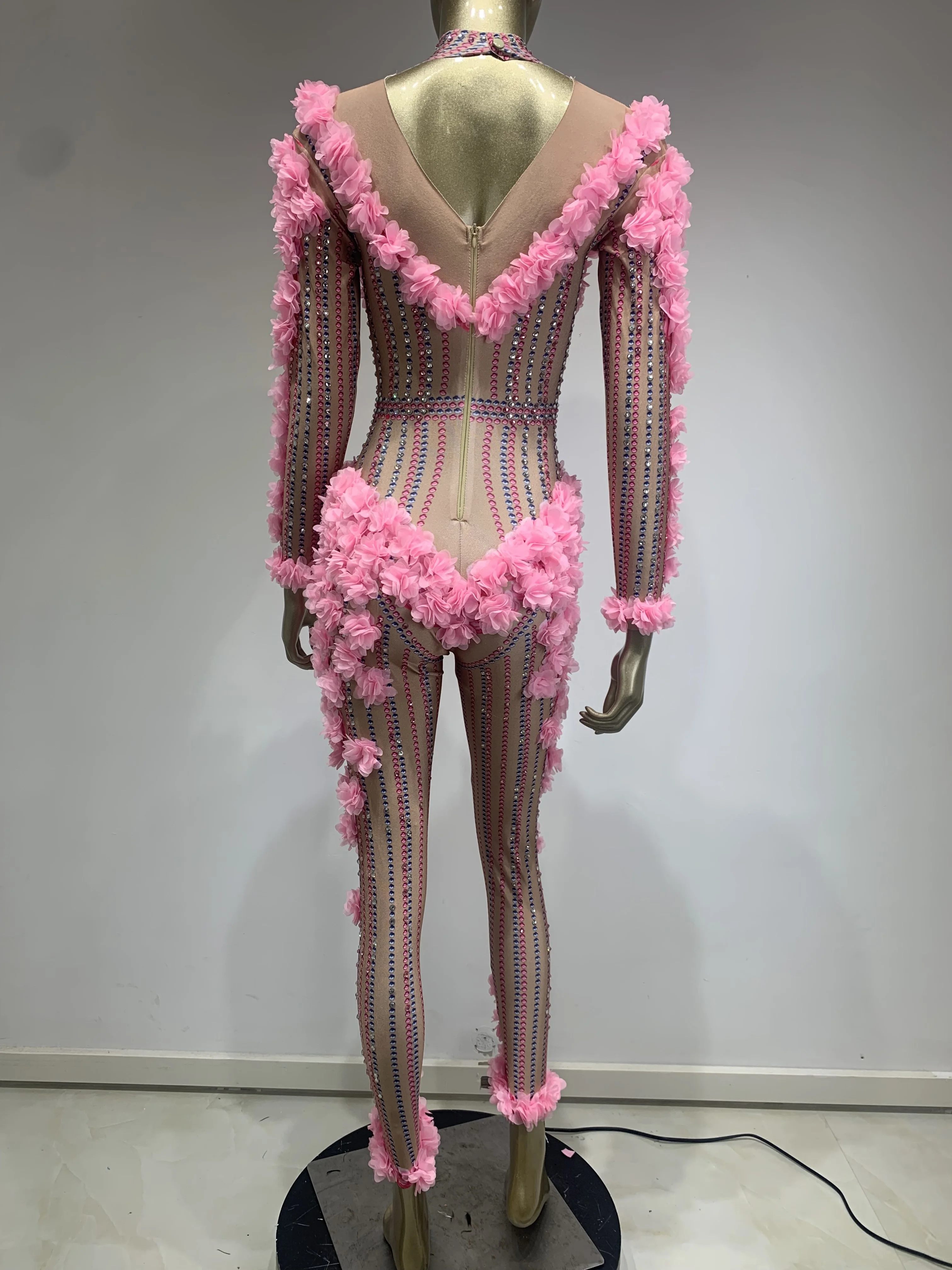 Women Pink Decal Crystal Diamond Stretching Bodysuit Birthday Party Bar Nightclub DJ Female Singer Stage Performance Costume
