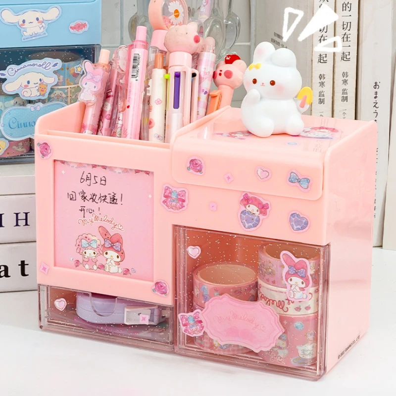 Miniso Cute Pen Holder Organizer Kawaii Kuromi Melody Cinnamoroll Sticker Desktop Storage Box Big Capacity Stationery Storage pen holder stationery organizer desktop storage box desktop storage kit stationery storage box