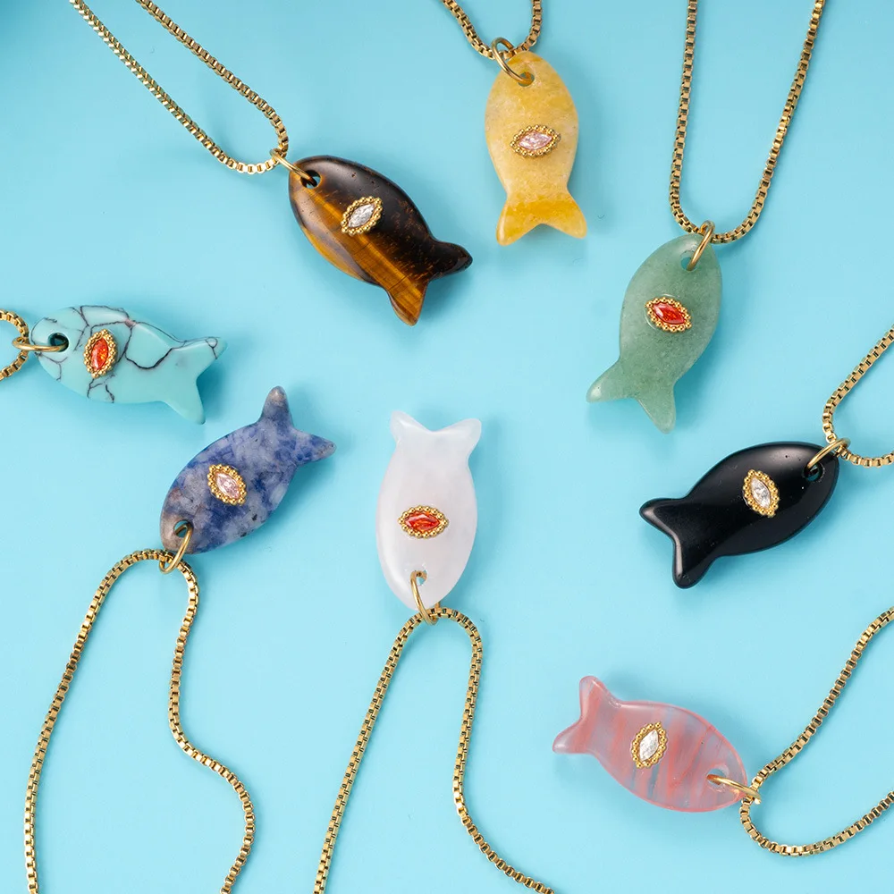 Multi-color Natural Stone Tiny Fish Pendant Neckalce Stainless Steel 18K Gold Plated Box Chain Opal Zircon Evil Eye Jewelry Gift