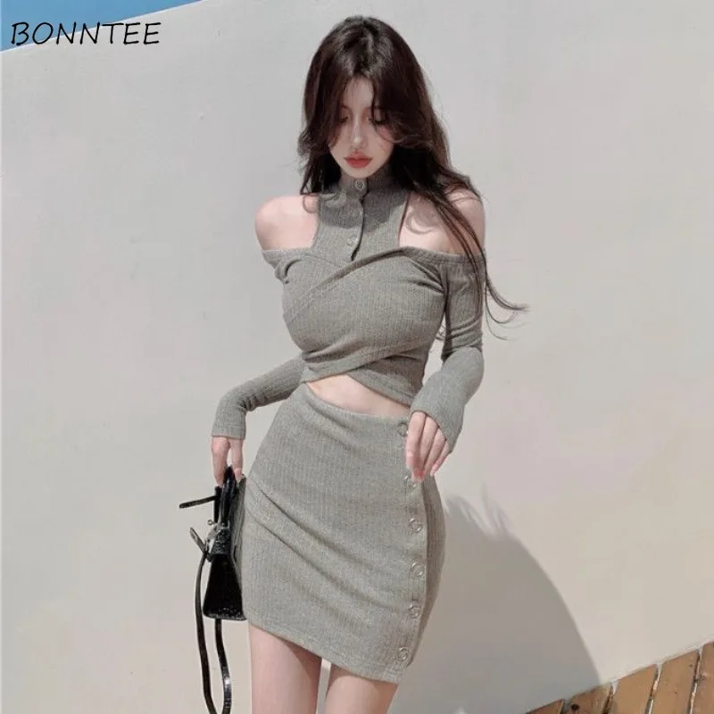 

T-shirt Skirt Sets Women Slim Simple Solid Fashion Design Temperament Daily Off Shoulder Ladies Hollow Out Korean Style Elegant