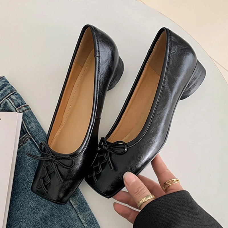 Fashion Genuine Leather Women Pumps Square Toe Shoes Spring New Party Shoes Slip On Mule Outwear Sexy Pointy Toe Textured Shoes