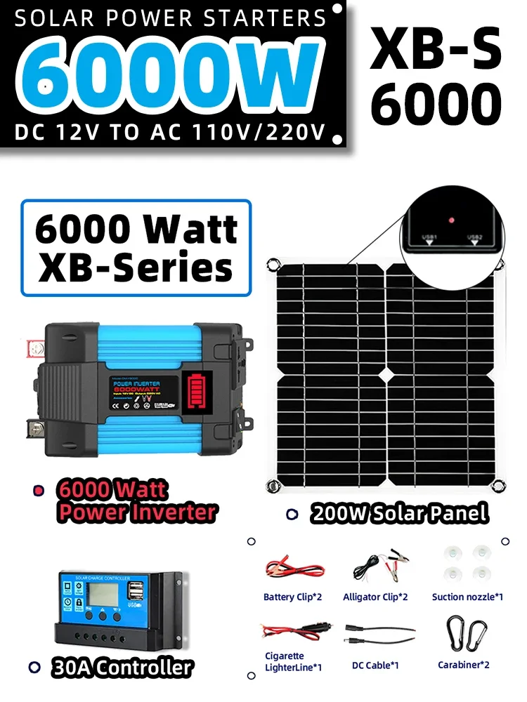 Description Picture 4 of item110V/220V 6000W Inverter 30A Controller Full Power Kit Charger Car Solar Power bank System 5V Solar Panel Camping for home plug