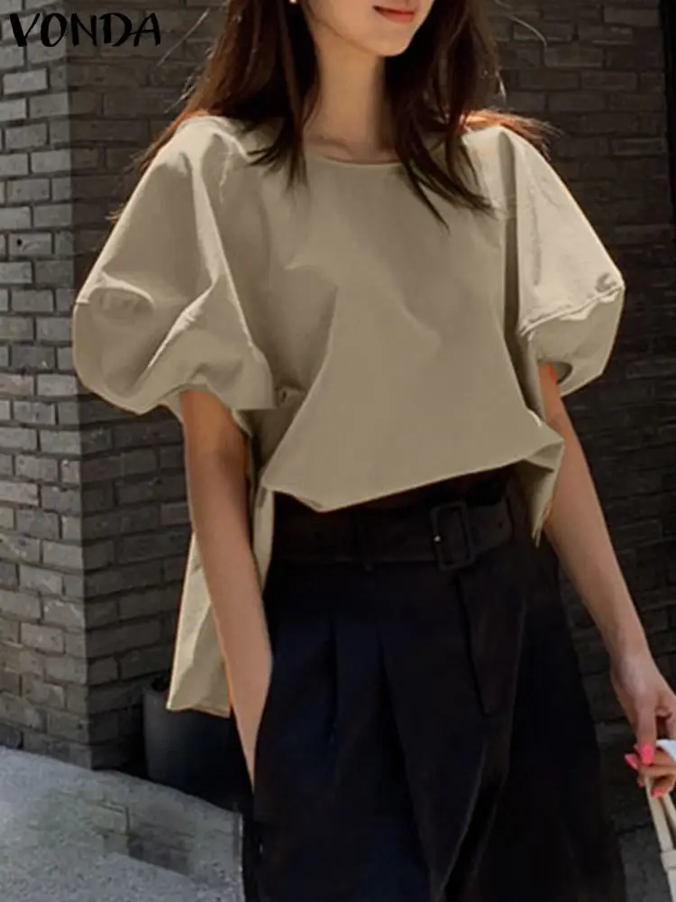 

Summer Tops VONDA Fashion Short Sleeve Women Vintage Blouses 2023 Casual Solid Color Loose Shirts Round Neck Blusas Femininas