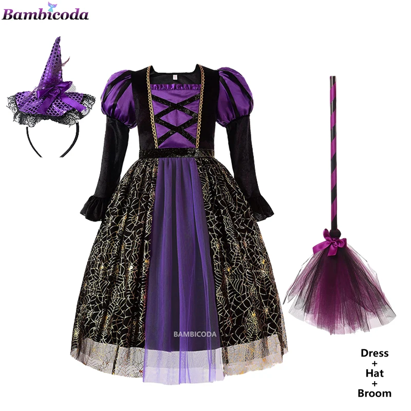 thumbnail image 1 of Vestido de fiesta de bruja para niñas de Halloween, disfraz de fantasma gótico, bata, vestido con tutú, sombrero de bruja para fiesta de carnaval de Purim, 1 of 5