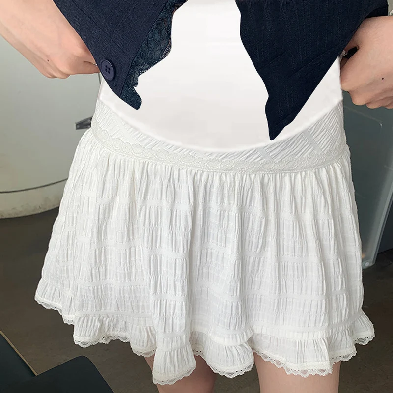 Korean Style High Waist Pregnant Woman Belly Skirts Sweet Lace Hem Patchwork Petite Maternity Skirt Pregnancy White Cake Skirts