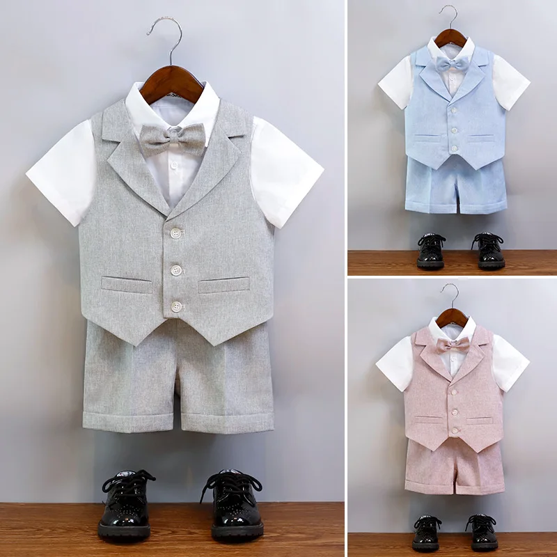 

Boys Summer Soft Breathable Photography Suit Kids Cool Vest Shirt Shorts Bowtie Ceremony Costume Boys Silm Fit Wedding Dress