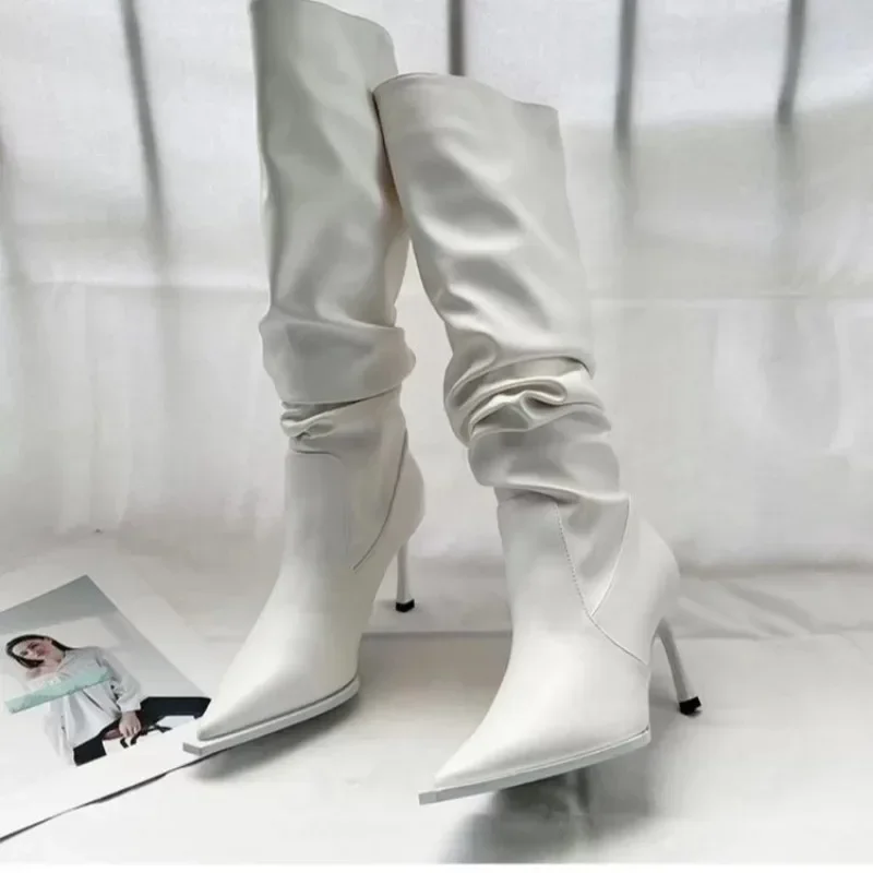 Women's Shoes 2023 High Quality Slip-on Women's Boots Fashion Pleated Office and Career Sexy Pointed Toe Knee-High Boots Zapatos