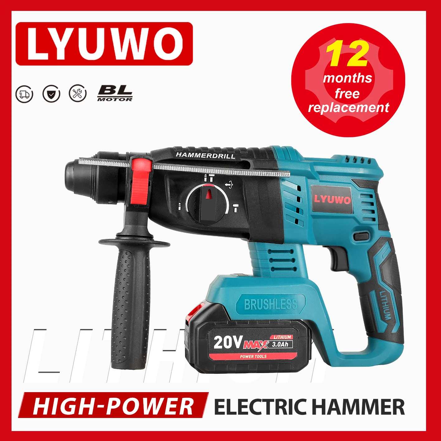 LYUWO 20V Electric Impact Drill Rotary Hammer Brushless Motor Cordless Hammer Electric Drill Electric Pick for Switch Freely