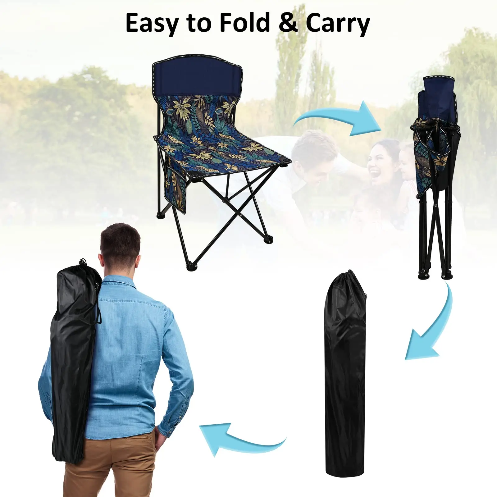 Folding Chairs，Folding Stool Outdoor Camp Chair with Front Pocket & Carrying Bag for Fishing, Camping, Beach, Hunt, BBQ, Travel