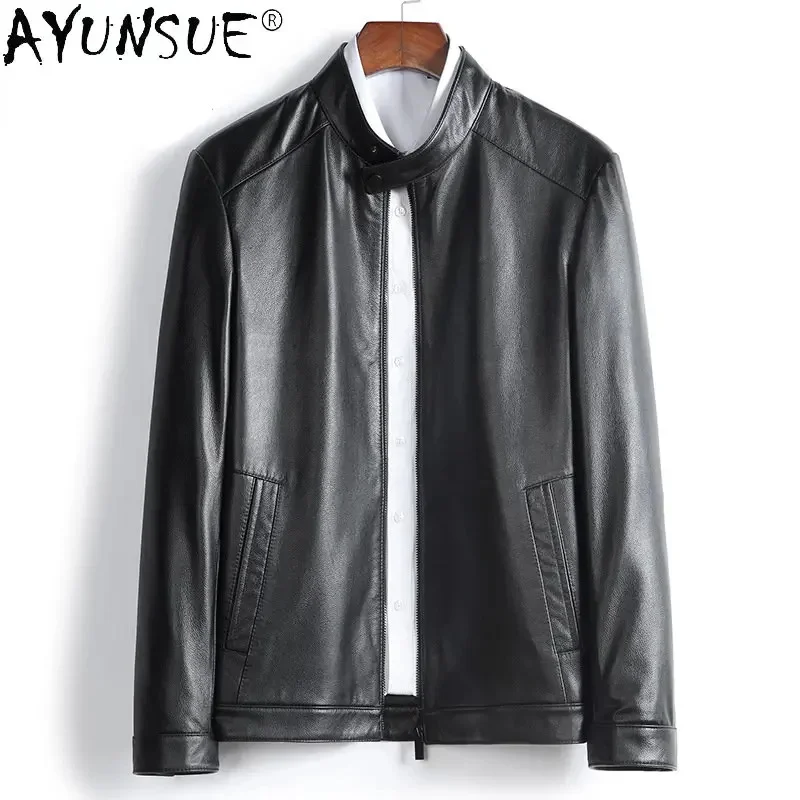 

Pure Cowhide Genuine Leather Jacket Men Spring Autumn Casual Stand Collar Zipper Jackets Business Thin Slim Mens Coat Trend FCY