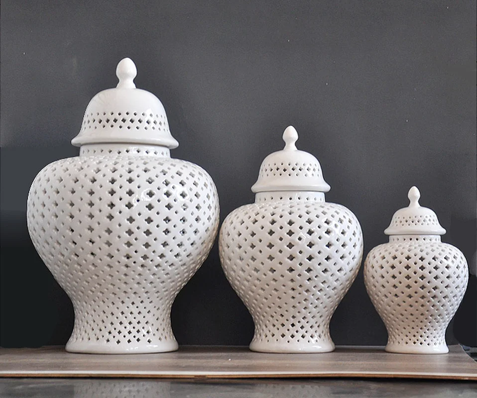 Vintage Ceramics Hollow Out General Jar Candy Jar Storage Tank Gold Silver Art Decorative ginger Vase Home Room Decoration