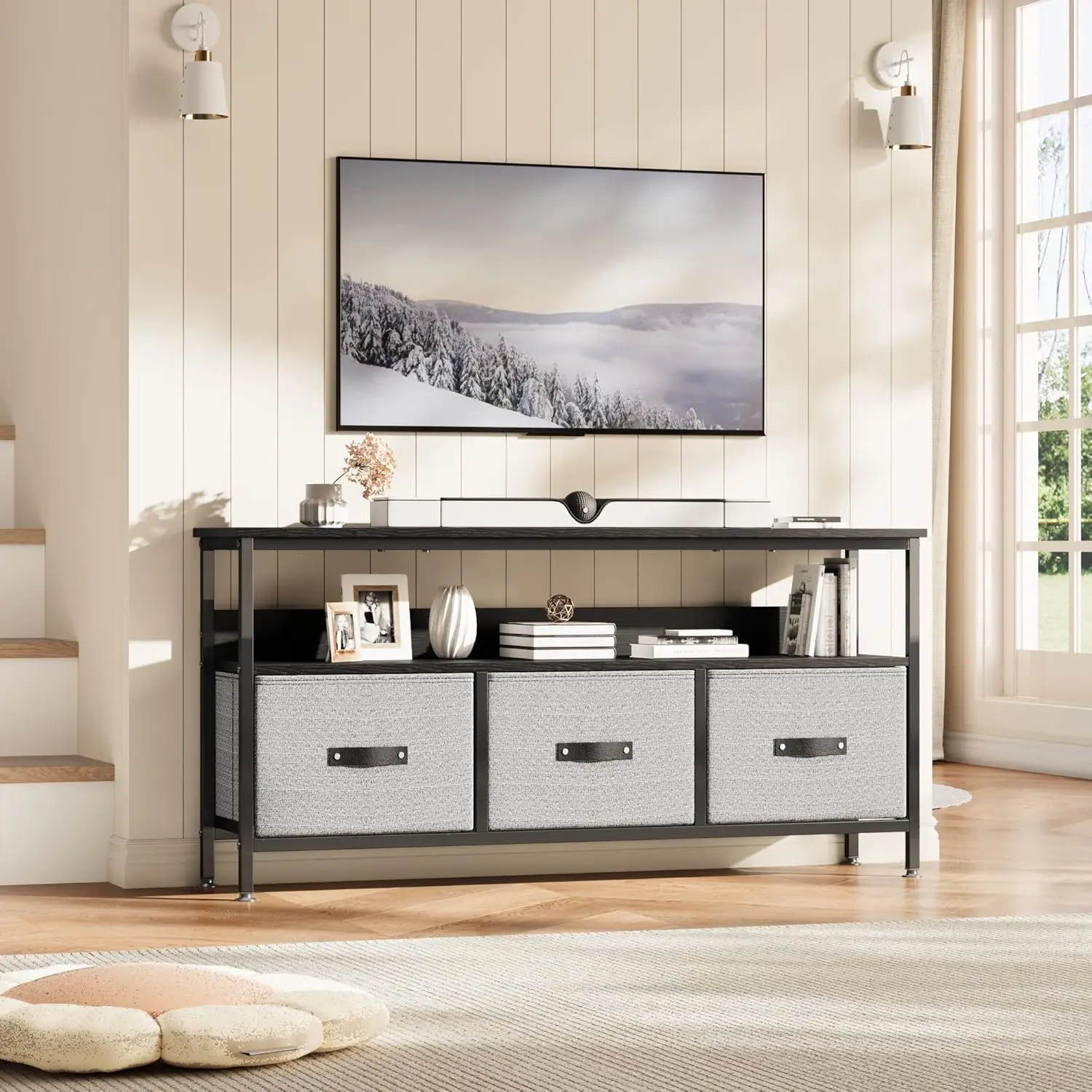 55" Dresser-Style TV Stand with 3 Drawers, Compact Entertainment Center with Storage for Living Room/Bedroom – Black/Grey