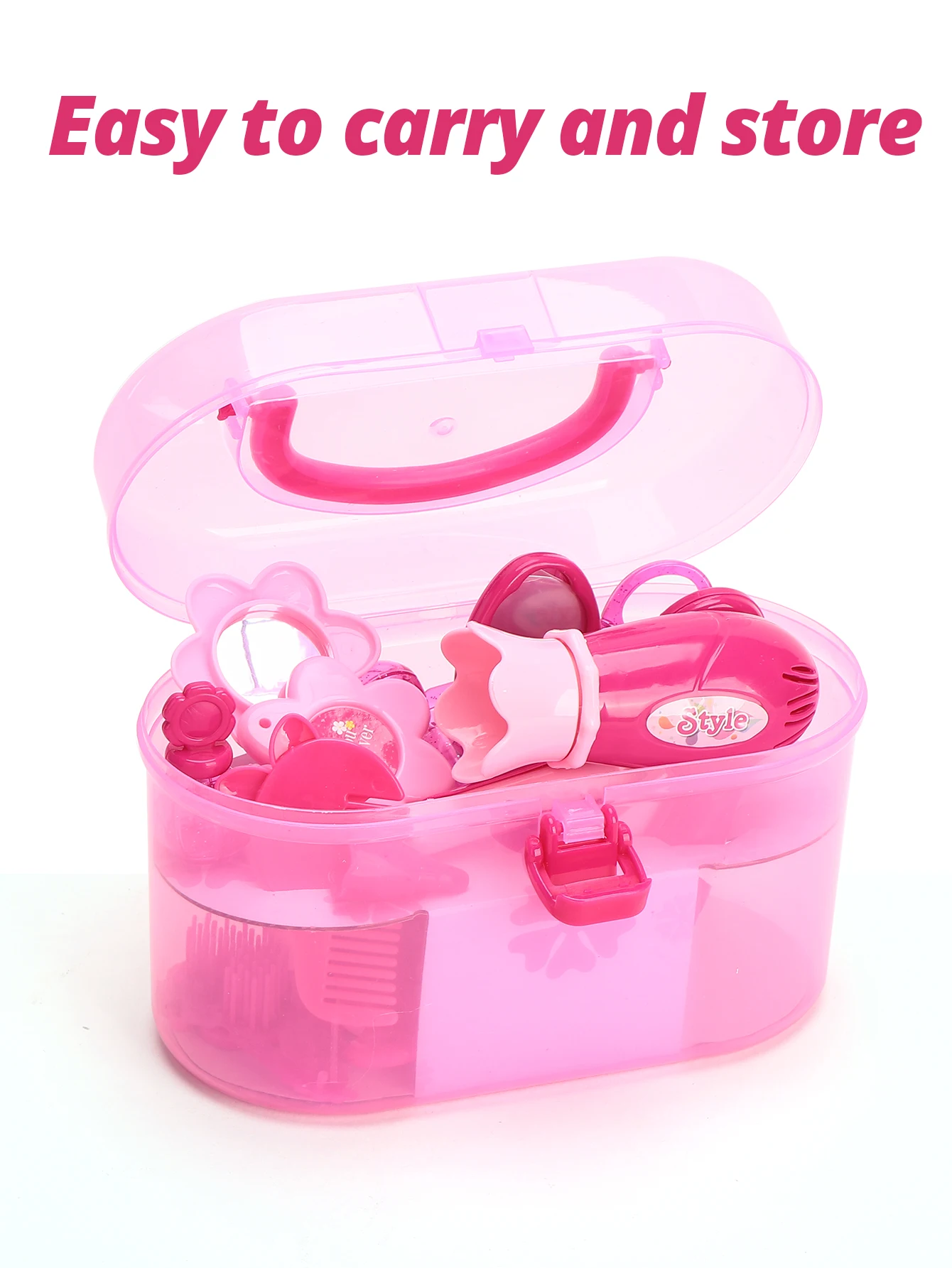 Children's play house toys, make-up mirror playset, storage suitcase, pretend makeup props with hair dryer 4