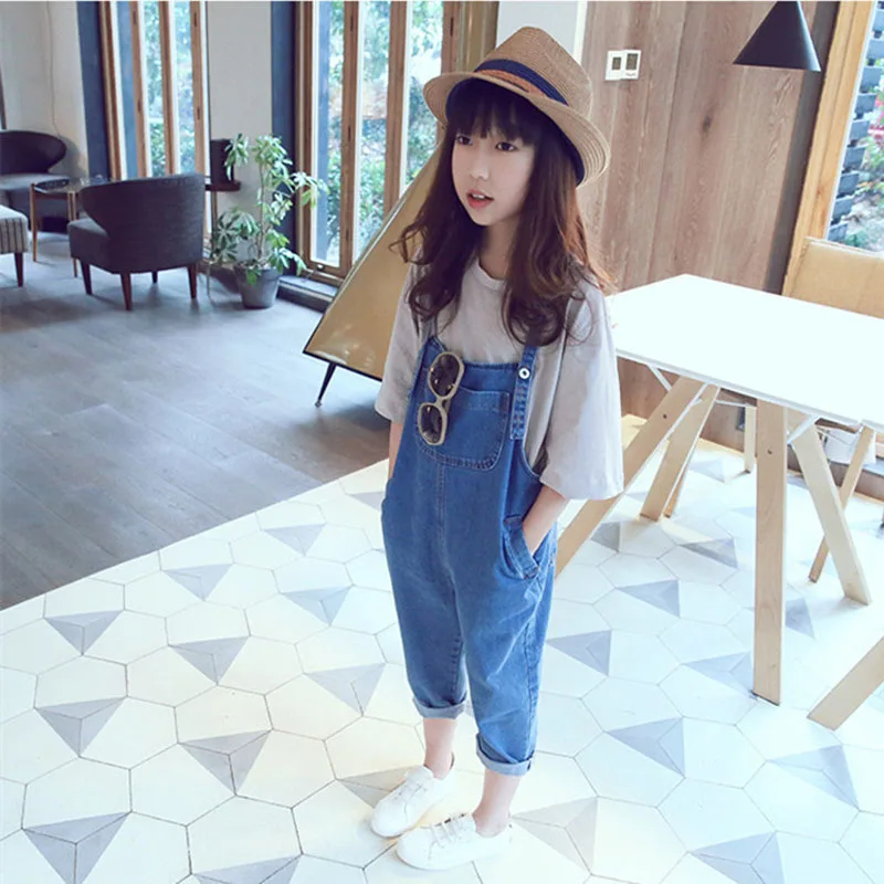 

Summer Girls' Clothes Sets Short-Sleeved T-Shirt + Denim Cropped Pants Casual Harem Overalls Big Kids Children'S Clothing 4-13Y