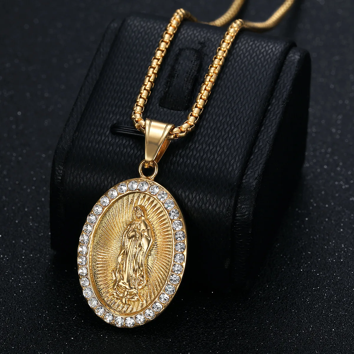 Virgin Mary Prayer Pendant Necklaces Gold color 316L Stainless Steel with rhinestone Women/Men Jewelry 1
