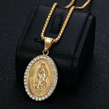 Virgin Mary Prayer Pendant Necklaces Gold color 316L Stainless Steel with rhinestone Women/Men Jewelry 1