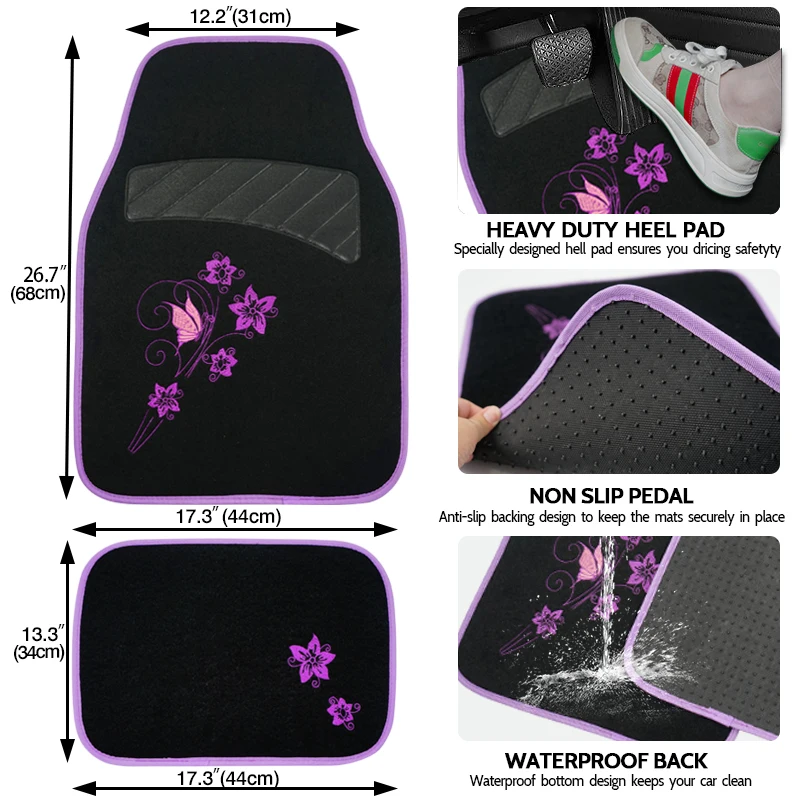 

Anti-Slip and Stain-Resistant Universal Car Floor Mats with Floral Embroidery - Carpet Surface and PVC Backing