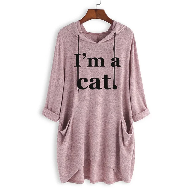 Women Long Sleeve Knit Hoodie Pullover Sweatshirt Loose Casual Top Irregular Hem