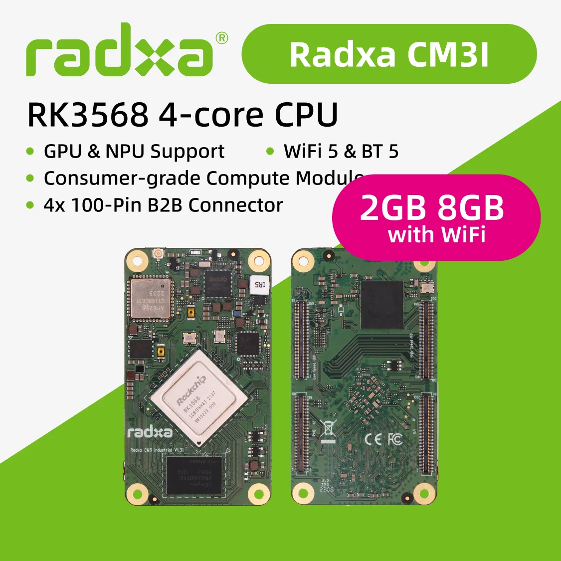 AvaCoreRadxa CM3I RK3568(J) 4코어 CPU 산업용 컴퓨팅 모듈, GPU, NPU, 4K HDMI 및 4x100핀 B2B 커넥터, 싱글 보드 컴퓨터
