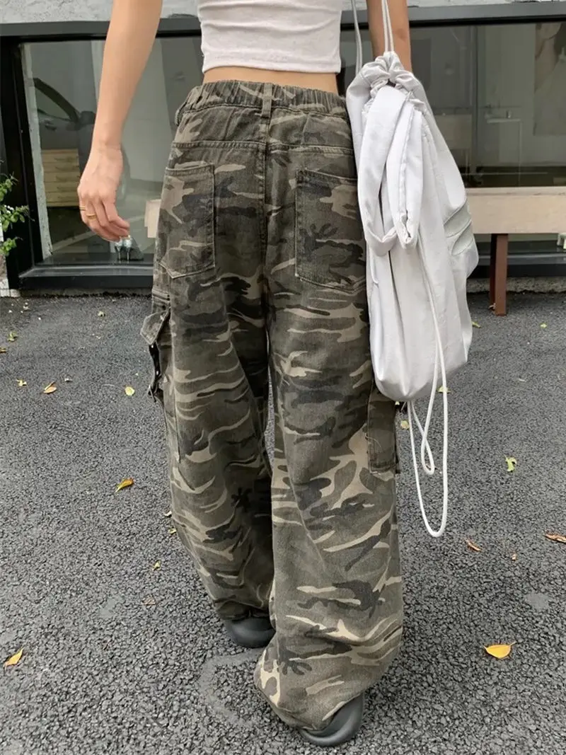 American Retro Distressed Camouflage Overalls Stylish High Street Straight Jeans Baggy Jeans Harajuku Y2k Hot Girl Trousers 3