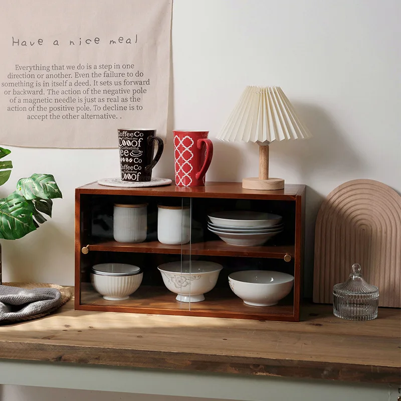 주방 캐비닛 Household Sideboard Cabinet Solid Wood Vintage Cupboard Tableware Glass Lid Storage Cabinet