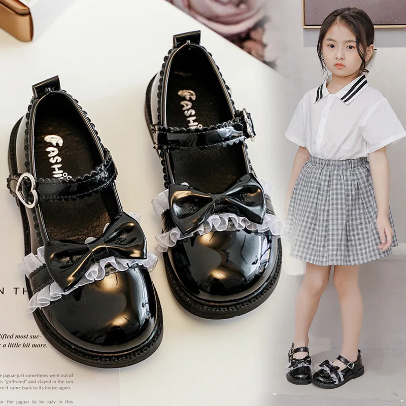Children Performance Mary Janes Lace Lolita Fashion Girls PU Glossy Shallow Mary Janes Hook & Loop 2023 Kids Cute Black Shoes