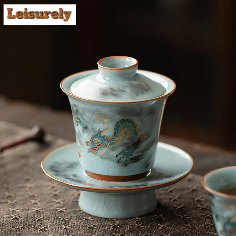 Ru Kiln Auspicious Dragon Gaiwan Traditional Tea Tureen Tea Bowl With Lid Kit Tea Maker Cover Bowl Chinese Tea Set Collection